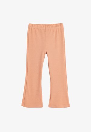 Pantalons évasés en coton couleur pêche avec une taille élastique, présentant une texture côtelée et une coupe droite de la hanche au genou.