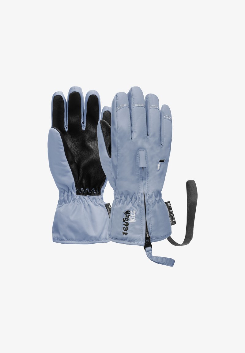 Hellblaue Handschuhe mit einer schwarzen Handfläche, elastischem Bündchen und einem Schlaufenband. Hergestellt aus textilem Material mit sichtbaren Nähten und Branding.