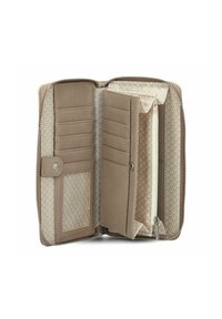 Portafoglio in pelle beige con design zip-around. L'interno presenta più slot per carte, una tasca trasparente per l'ID e una fodera con motivo.