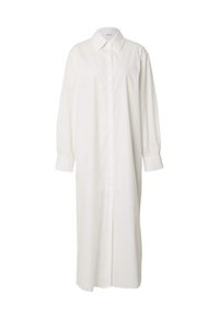 Weißes Langarmhemdkleid aus Baumwolle, mit einem Kragen, Knopfleiste und lockerem Schnitt mit breiten Manschetten.