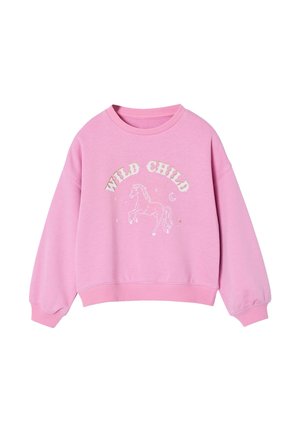 Pink long-sleeve sweatshirt with "WILD CHILD" text above a prancing horse surrounded by stars and a crescent moon on the front.