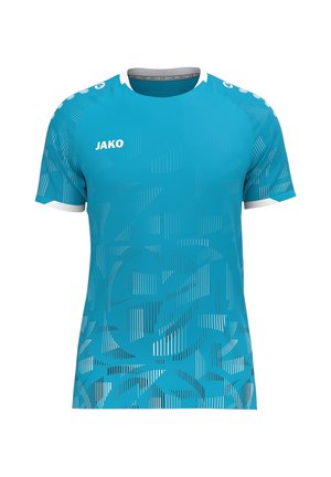 Maglietta sportiva azzurra a maniche corte con bordi del colletto bianchi, motivo geometrico astratto e logo "JAKO" sul petto e sulle spalle.