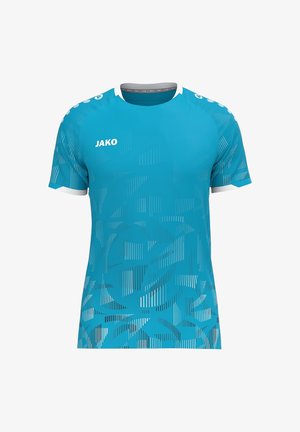 T-shirt de sport bleu à manches courtes avec bords de col blancs, motif géométrique abstrait et logo "JAKO" sur la poitrine et les épaules.