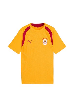 Gelbes und rotes Sporttrikot mit kurzen Ärmeln, Puma-Logo rechts und einem runden Abzeichen mit Sternen und "1905" auf der linken Brust.