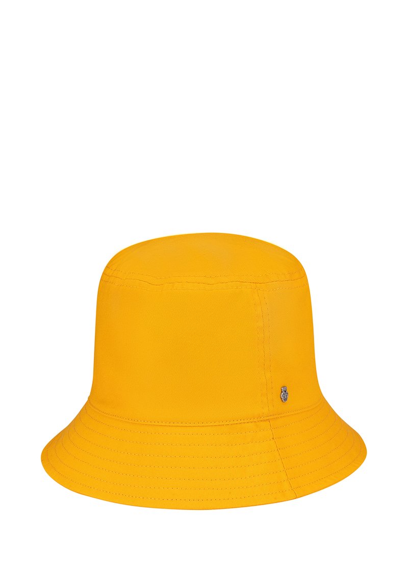 Yellow bucket hat made of fabric, featuring a round crown and a wide, downward-sloping brim. Includes a small logo detail on the side.