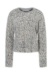 Vuilige pullover trui in lichtgrijs, met een luipaardprint in donkergrijs. Ronde halslijn en lange mouwen met een ontspannen pasvorm.