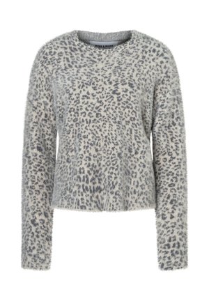 Flauschiger Pullover in Hellgrau mit einem Leopardenmuster in Dunkelgrau. Rundhalsausschnitt und lange Ärmel mit entspannter Passform.