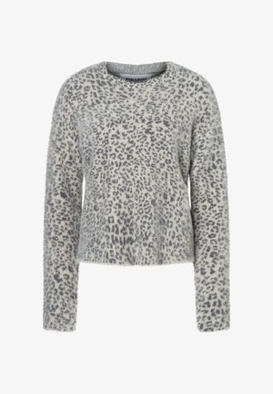 Vuilige pullover trui in lichtgrijs, met een luipaardprint in donkergrijs. Ronde halslijn en lange mouwen met een ontspannen pasvorm.