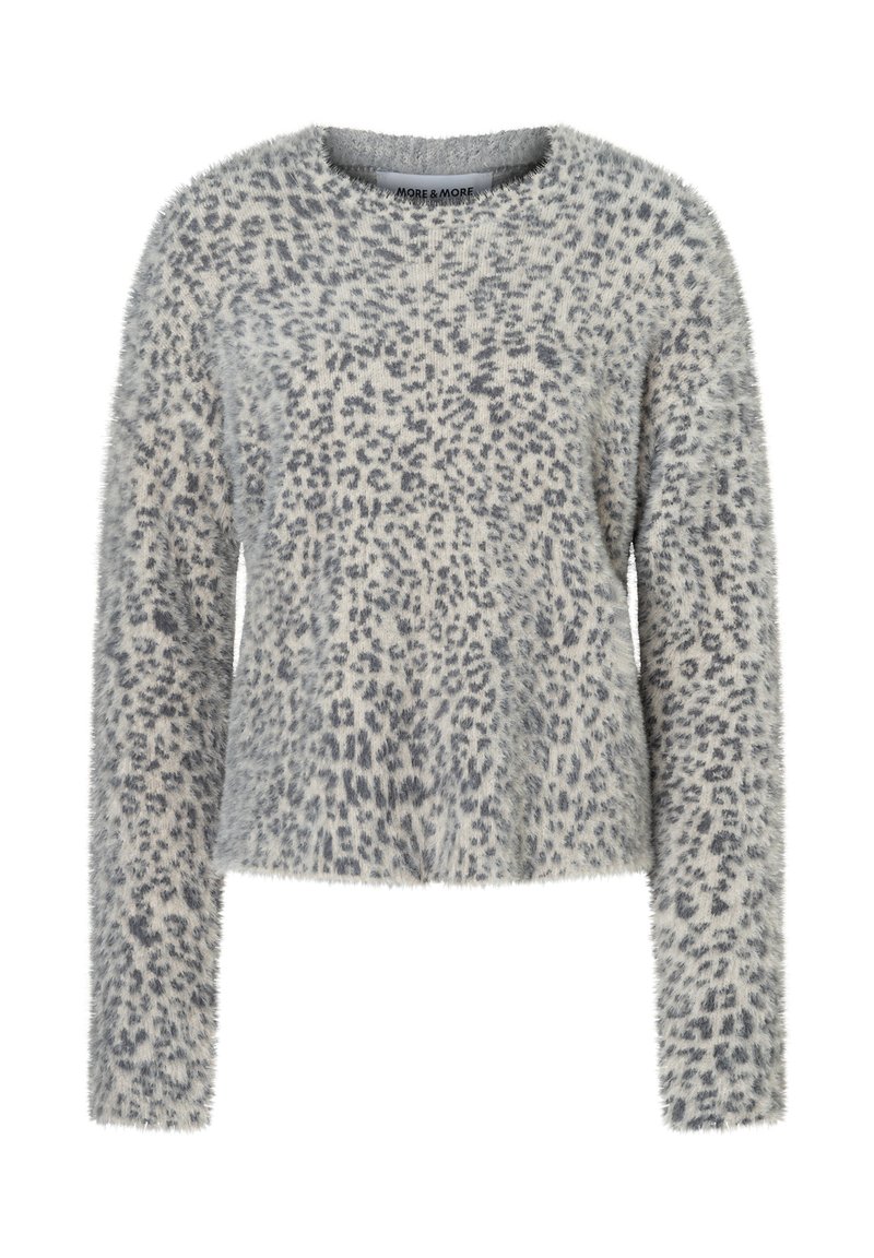 Vuilige pullover trui in lichtgrijs, met een luipaardprint in donkergrijs. Ronde halslijn en lange mouwen met een ontspannen pasvorm.