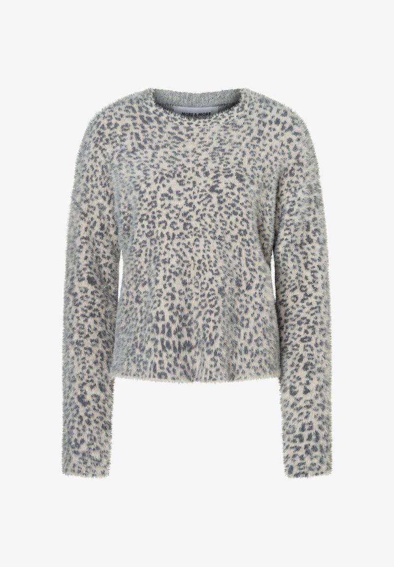 Flauschiger Pullover in Hellgrau mit einem Leopardenmuster in Dunkelgrau. Rundhalsausschnitt und lange Ärmel mit entspannter Passform.