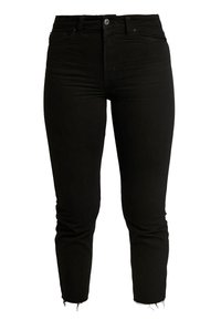 Black denim jeans with a slim fit, featuring a mid-rise waist, front pockets, and frayed hem details at the ankles.