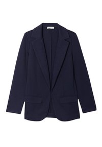 Marineblazer met een notch-lapel, één knoopsluiting, twee voorzakken, gladde stof en een getailleerde pasvorm. Strakke lijnen en een gestructureerd ontwerp.