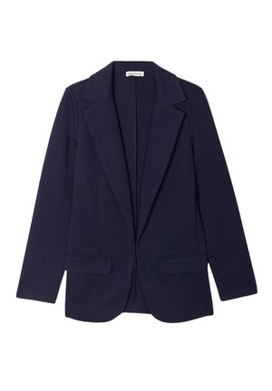Blazer navy con revers a punta, chiusura con un bottone, due tasche frontali, tessuto liscio e vestibilità su misura. Linee pulite e design strutturato.