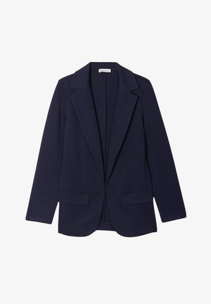 Blazer marine avec un col à revers, fermeture à un bouton, deux poches avant, tissu lisse et coupe ajustée. Lignes épurées et design structuré.
