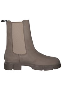 Bottine marron avec panneaux élastiques sur les côtés, semelle en caoutchouc et texture en daim lisse. Bout arrondi et languette à l'arrière.