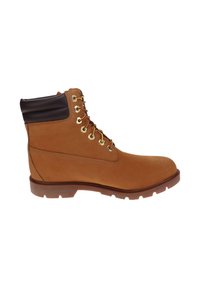 Bottines en cuir marron avec col rembourré noir, œillets dorés et semelle robuste, présentées en profil sur fond blanc.