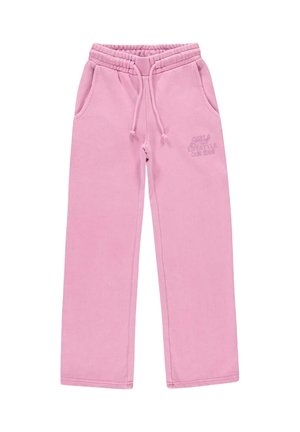 Rosa sweatpants van zacht materiaal, met een elastische tailleband met een koord, zijzakken en reliëftekst aan de linkerkant.