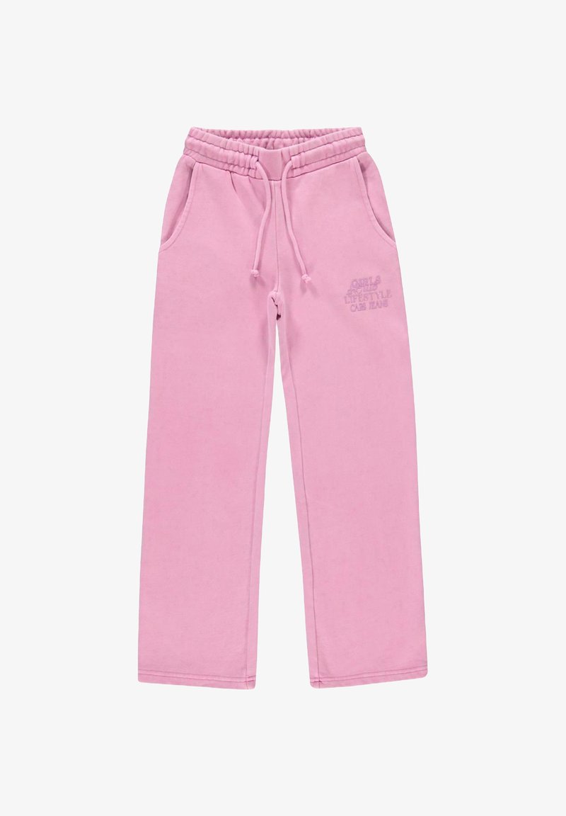 Rosa sweatpants van zacht materiaal, met een elastische tailleband met een koord, zijzakken en reliëftekst aan de linkerkant.
