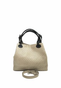 Splotkowana beżowa torebka z czarnymi skórzanymi akcentami, dwoma krótkimi uchwytami i odpinanym paskiem na ramię. Teksturowana powierzchnia o wzorze kratki.