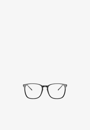 Monture de lunettes rectangulaire noire avec verres transparents, branches fines et légère courbure, présentée sur fond blanc.