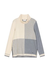 Pull à col roulé manches longues avec blocs de couleur crème, gris et motif pied-de-poule sur le devant et les manches.