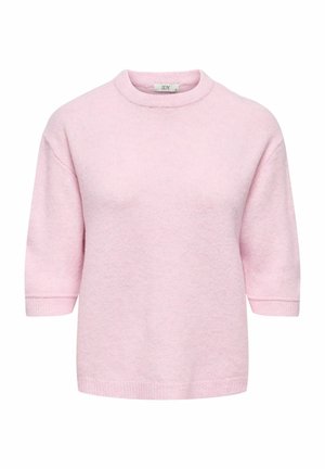 Lichtroze korte mouw trui met een ronde hals, zachte textuur en geribde zoom, gemaakt van warm, ademend materiaal.