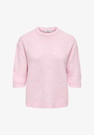 Lyserød kortærmet sweater med rund halsudskæring, blød tekstur og ribbet kant, lavet af varmt, åndbart stof.