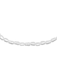 Collier en perles d'eau douce blanches avec des perles irrégulières et allongées, présentant une surface lisse et brillante, enfilées dans une ligne continue.