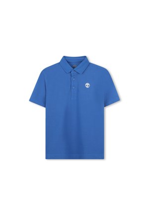 Polo bleu en coton texturé, avec un col plat, une patte de boutonnage à trois boutons et un petit logo blanc sur la poitrine gauche.