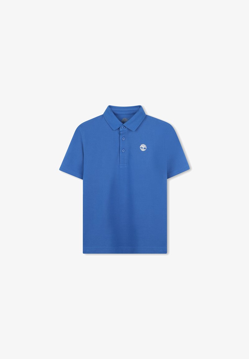 Blauwe poloshirt van textuur katoen, met een platte kraag, drie-knops sluiting, en een klein wit logo op de linkerkant van de borst.