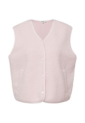 Lichtroze mouwloos fleecevest met drukknopen en een V-hals.