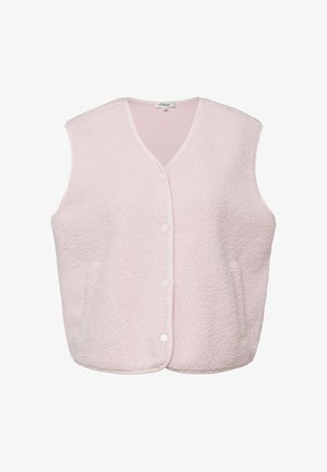 Hellrosa ärmellose Fleeceweste mit Druckknopfverschluss und V-Ausschnitt-Kragen.
