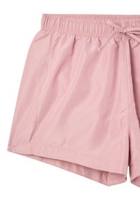 Pantaloni da bagno rosa con vita elastica e dettaglio del cordoncino, dotati di tasche laterali e un tessuto liscio e leggero.