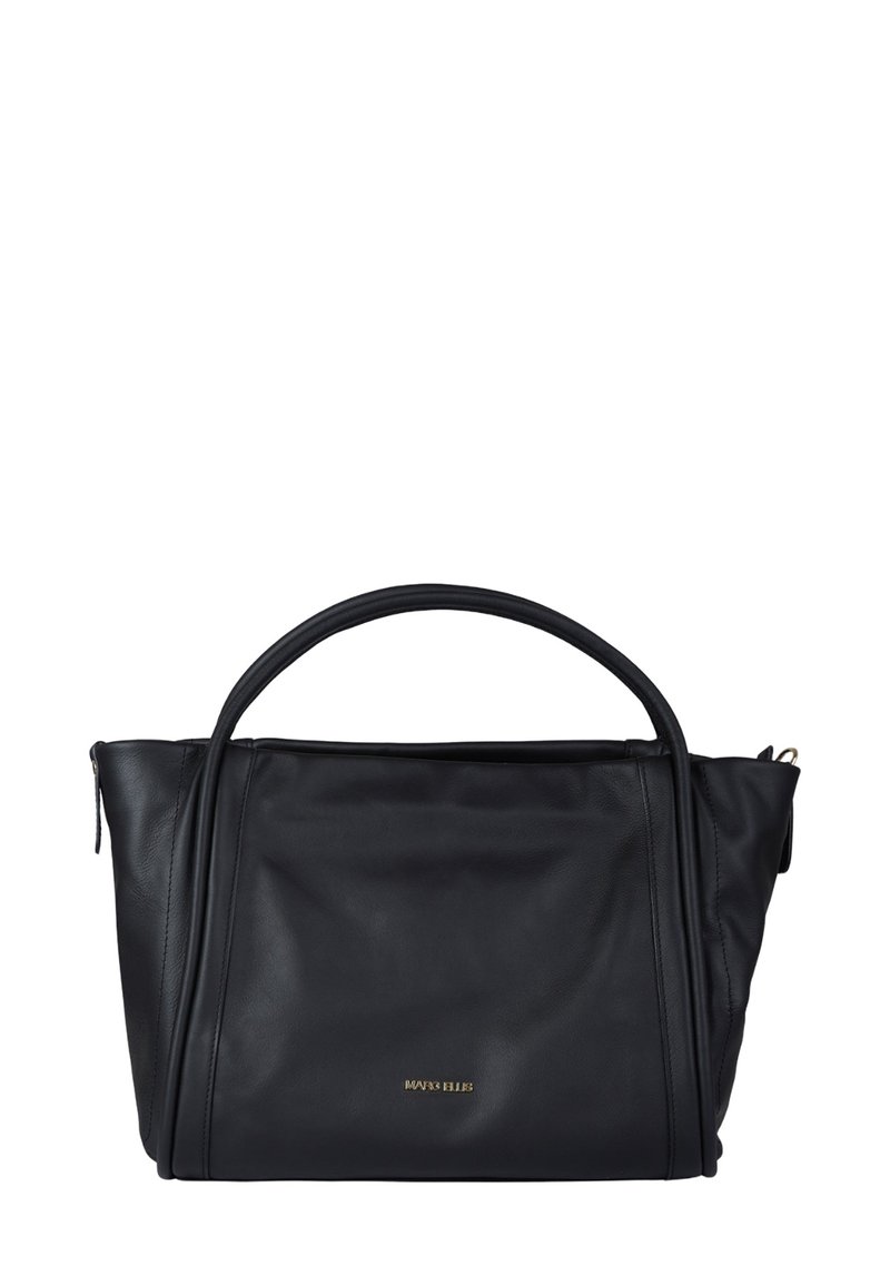 Borsa tote in pelle nera con doppie maniglie superiori, design elegante, texture liscia, dettagliato con sottili rifiniture in oro sul davanti.