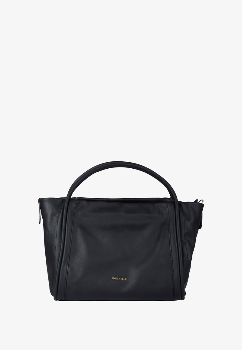 Borsa tote in pelle nera con doppie maniglie superiori, design elegante, texture liscia, dettagliato con sottili rifiniture in oro sul davanti.
