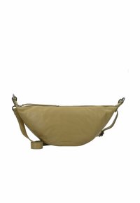 Borsa a spalla in morbido beige, forma a mezzaluna, design minimalista, tracolla singola e chiusura con cerniera discreta. Texture liscia in tutto.