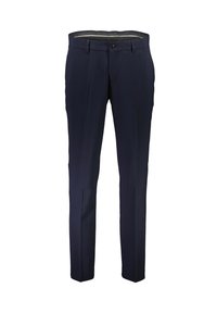Granatowe, dopasowane spodnie wykonane z gładkiego materiału, z jednolitym zapięciem na guzik, dwiema przednimi kieszeniami oraz tapered leg w kroju.