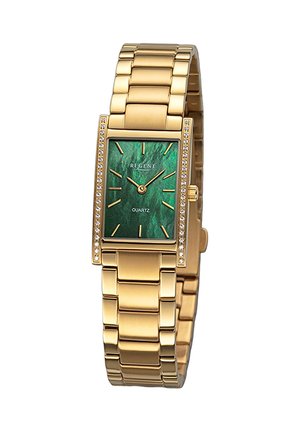Montre en quartz dorée avec un cadran rectangulaire en marbre vert, des index horaires dorés, et une lunette rehaussée de petits cristaux transparents.