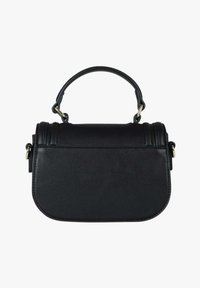 Borsa a mano in pelle nera con forma arrotondata, manico superiore e dettagli di cuciture sottili. Presenta accenti in metallo dorato sui lati.