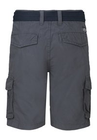 Pantalones cortos cargo grises fabricados con un tejido duradero, que cuentan con una cinturilla elástica tejida, dos bolsillos laterales y dos bolsillos traseros con solapas.
