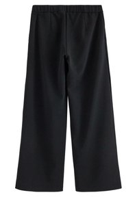 Pantaloni neri a gamba larga con fascia elastica in vita, caratterizzati da una texture liscia e due tasche laterali. Senza motivi o dettagli visibili.