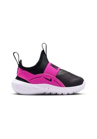 Schwarz-pinke Slipper-Sportschuhe mit weiß gefleckter Sohle und Zuglaschen an Ferse und Zunge für ein einfaches Anziehen.