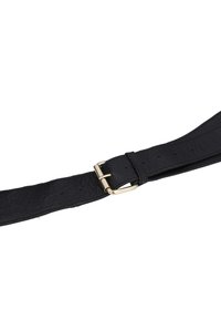 Cintura nera in pelle con superficie testurizzata, fibbia in metallo dorato e numerosi fori di regolazione lungo la cinghia.