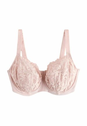 Spetsbh i mjuk rosa, med intrikata blommönster, strukturerade kupor och justerbara band för en säker passform. Slät underdel.