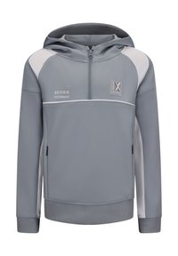 Szara rozpinana bluza z kapturem z białymi akcentami, miękka w dotyku, z kieszenią kangurką, elastycznymi mankietami oraz detalem z logo na klatce piersiowej.
