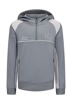 Felpa grigia con zip e cappuccio, dettagli bianchi, morbida al tatto, tasca a marsupio, polsini elasticizzati e logo sul petto.