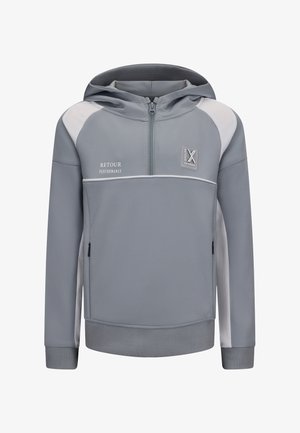 Felpa grigia con zip e cappuccio, dettagli bianchi, morbida al tatto, tasca a marsupio, polsini elasticizzati e logo sul petto.