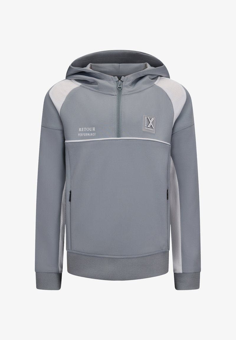 Felpa grigia con zip e cappuccio, dettagli bianchi, morbida al tatto, tasca a marsupio, polsini elasticizzati e logo sul petto.