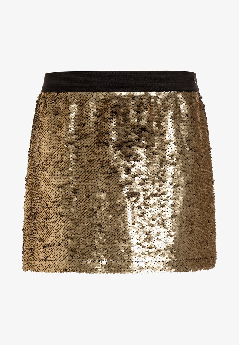 Mini-jupe en sequins dorés avec une ceinture noire ajustée. Présente une surface scintillante et texturée créée par des sequins ronds superposés.