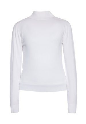 Weißer Langarm-Rollkragenpullover mit figurbetonter Silhouette und gerippten Bündchen und Saum auf einfarbigem Hintergrund.